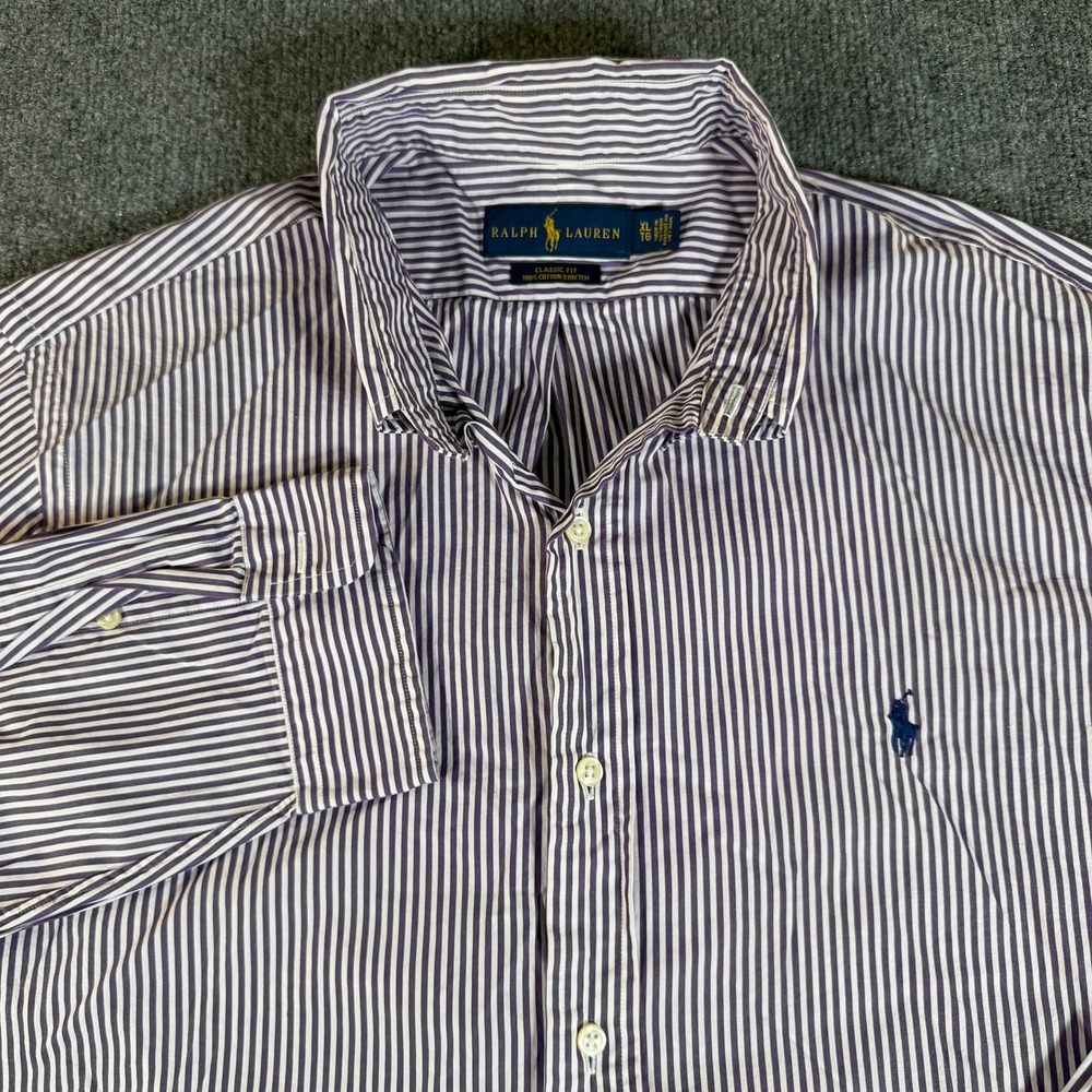 Polo Ralph Lauren Mens XL Classic Fit Purple Striped‎ Cotton Stretch Shirt #3604